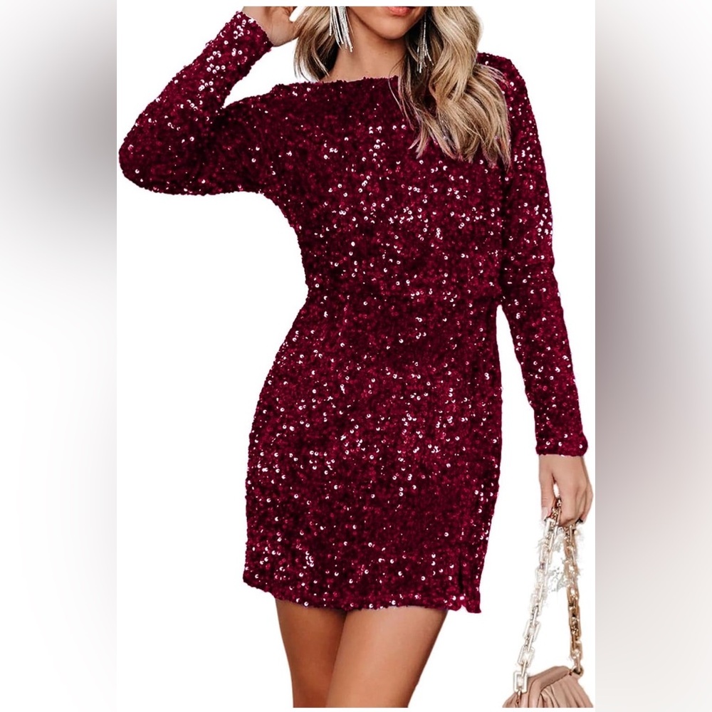 Glamorous Long Sleeve Burgundy Sequin Dress